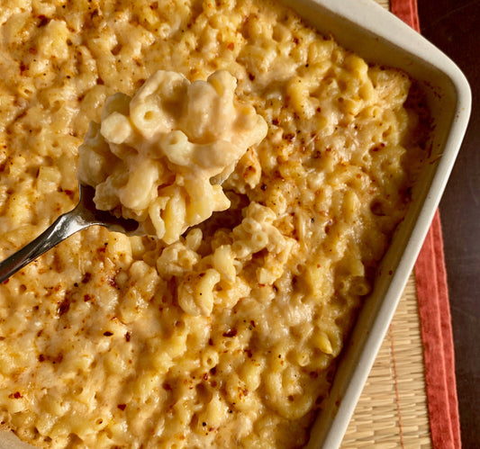 baking pan full of cheesy mac and cheese