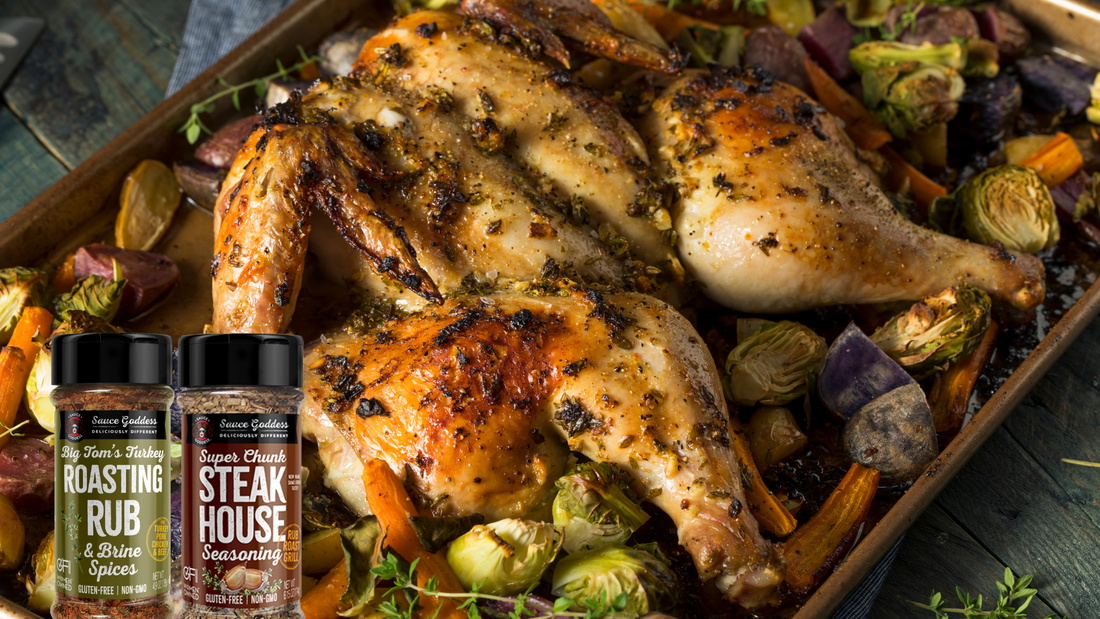 spatchcock turkey on a bed of veggies