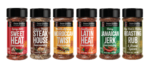 picture of 6 Sauce Goddess spice flavors in shakers