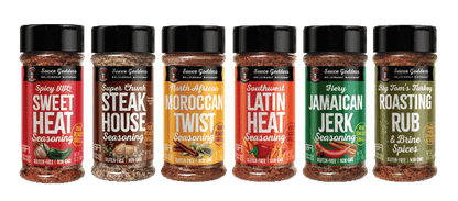 picture of 6 Sauce Goddess spice flavors in shakers