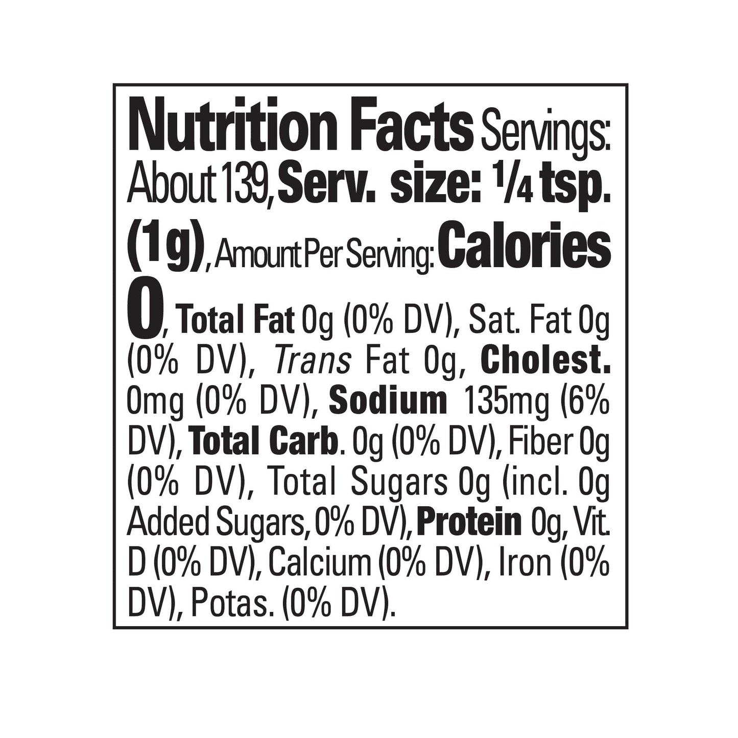 Big Toms Turkey Rub Shaker Nutritional facts panel