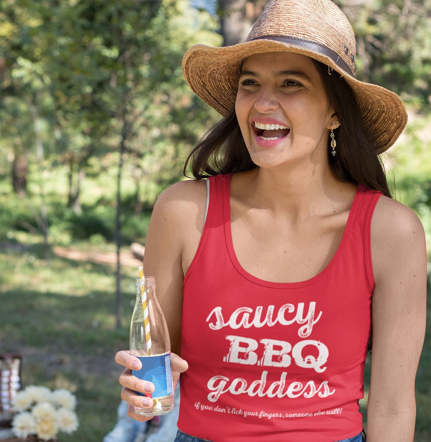 girl in saucy bbq goddess red tank