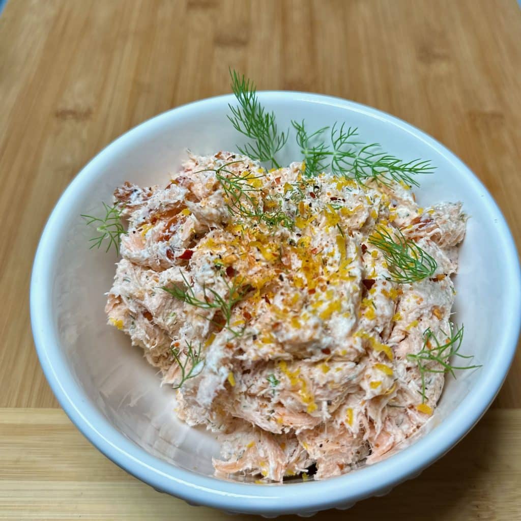 Bowl of Smoked Fish Spread With Sweet Heat and cream cheese