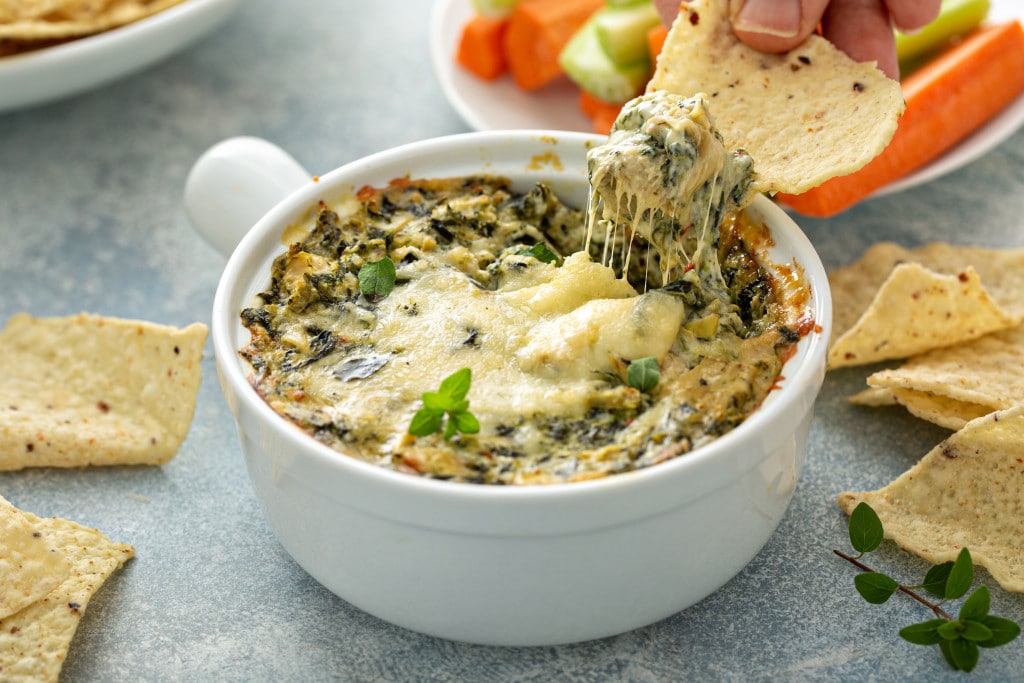 gooey cheesy bowl of Spinach dip