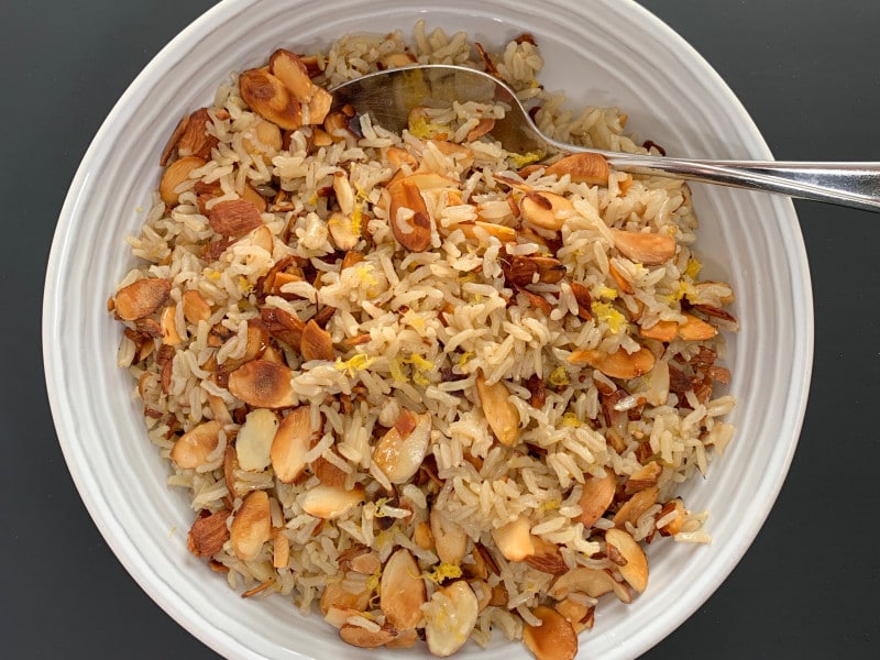 bowl of almond rice pilaf