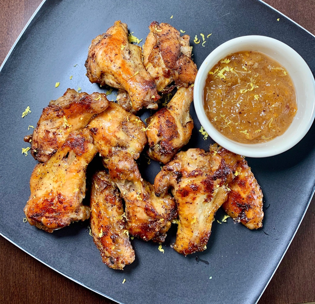 plate of moroccan wings with apricot glaze