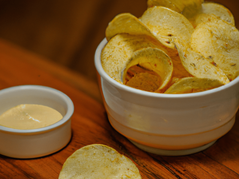 bowl of seasoned chips with a cup dipping sauce on a wooden table